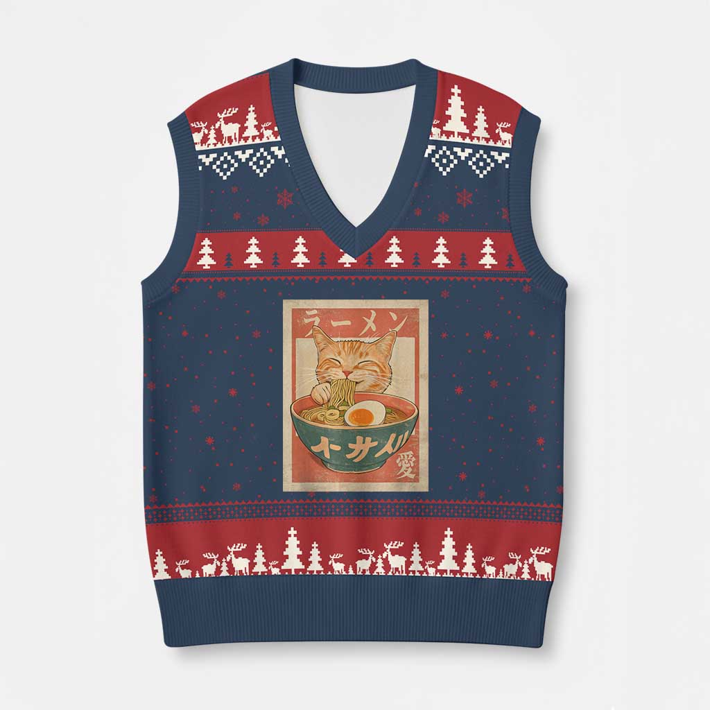 Funny Orange Cat Eating Ramen V-Neck Knit Sweater Vest Japanese Vintage Graphic Kawaii Anime - Wonder Print Shop