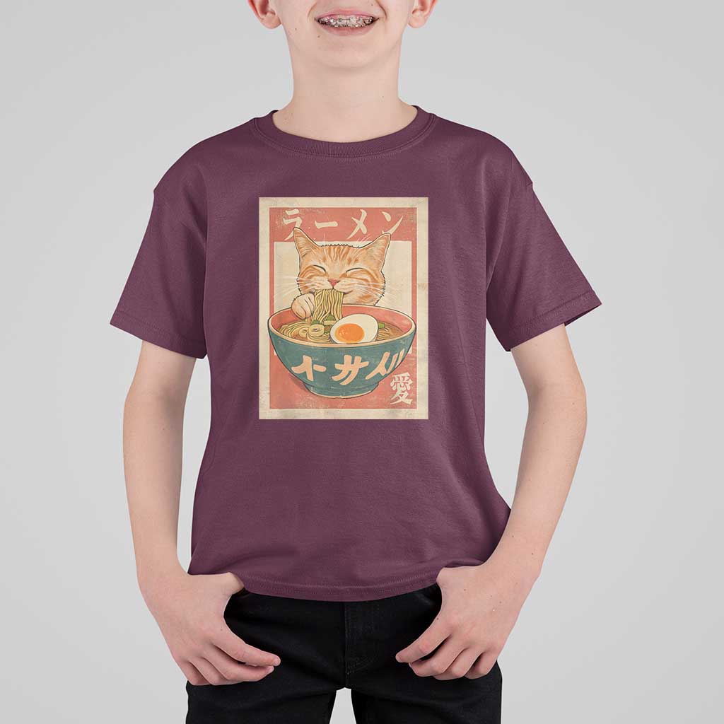 Funny Orange Cat Eating Ramen T Shirt For Kid Japanese Vintage Graphic Kawaii Anime - Wonder Print Shop