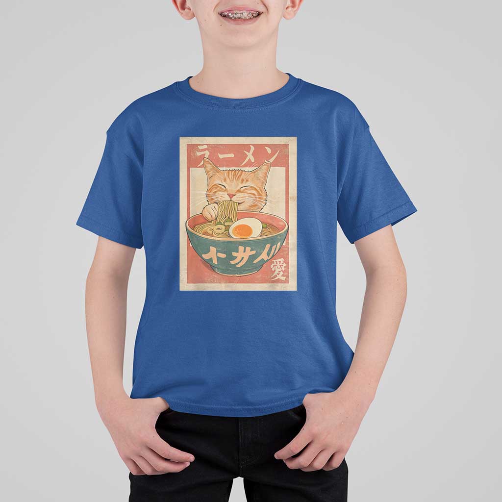Funny Orange Cat Eating Ramen T Shirt For Kid Japanese Vintage Graphic Kawaii Anime - Wonder Print Shop