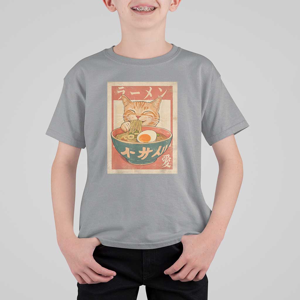 Funny Orange Cat Eating Ramen T Shirt For Kid Japanese Vintage Graphic Kawaii Anime - Wonder Print Shop