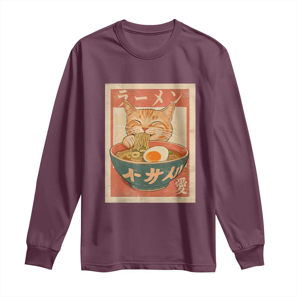 Funny Orange Cat Eating Ramen Long Sleeve Shirt Japanese Vintage Graphic Kawaii Anime - Wonder Print Shop
