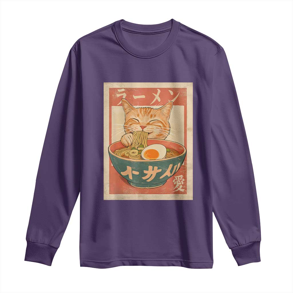 Funny Orange Cat Eating Ramen Long Sleeve Shirt Japanese Vintage Graphic Kawaii Anime - Wonder Print Shop