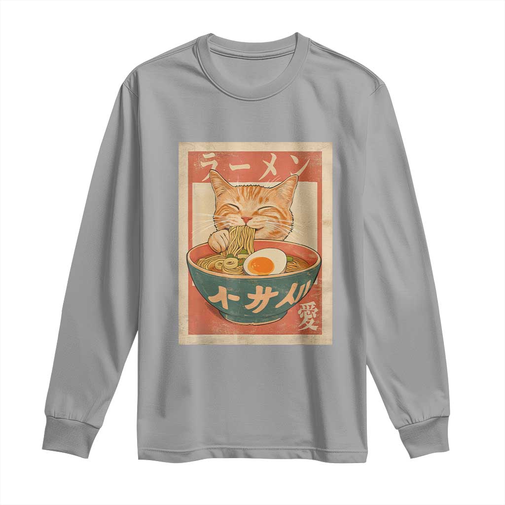 Funny Orange Cat Eating Ramen Long Sleeve Shirt Japanese Vintage Graphic Kawaii Anime - Wonder Print Shop