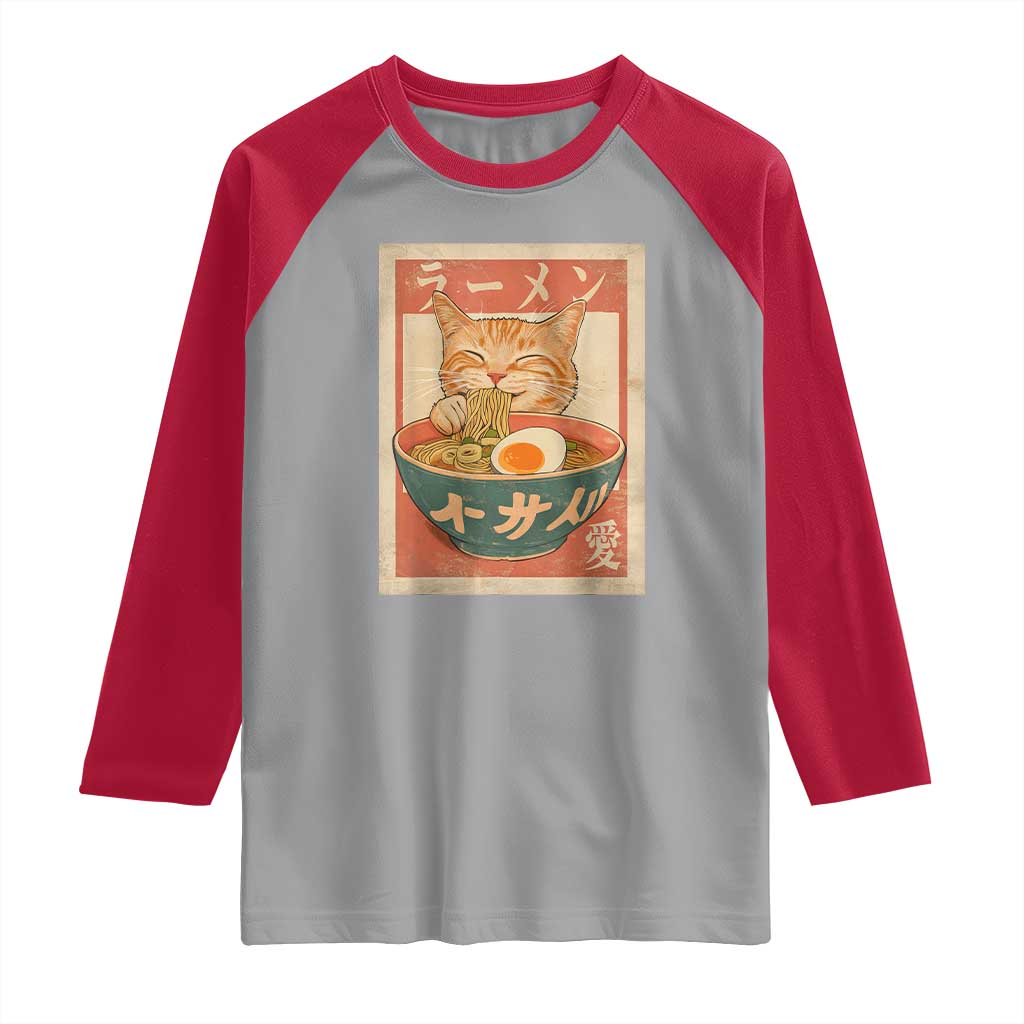 Funny Orange Cat Eating Ramen Raglan Shirt Japanese Vintage Graphic Kawaii Anime - Wonder Print Shop