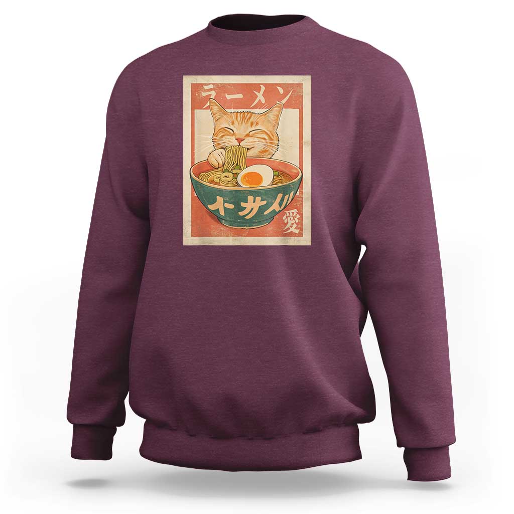 Funny Orange Cat Eating Ramen Sweatshirt Japanese Vintage Graphic Kawaii Anime - Wonder Print Shop