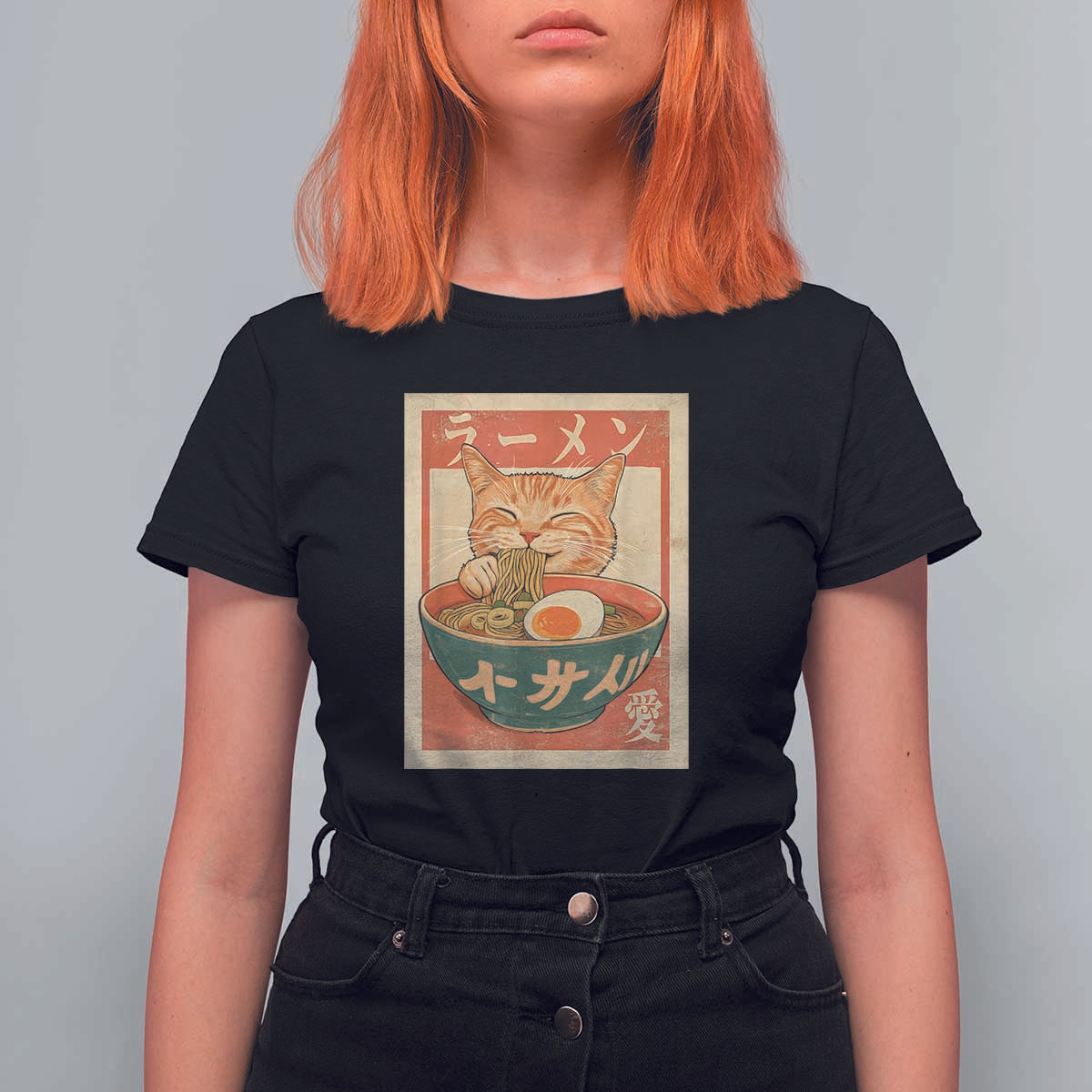 Funny Orange Cat Eating Ramen T Shirt For Women Japanese Vintage Graphic Kawaii Anime - Wonder Print Shop