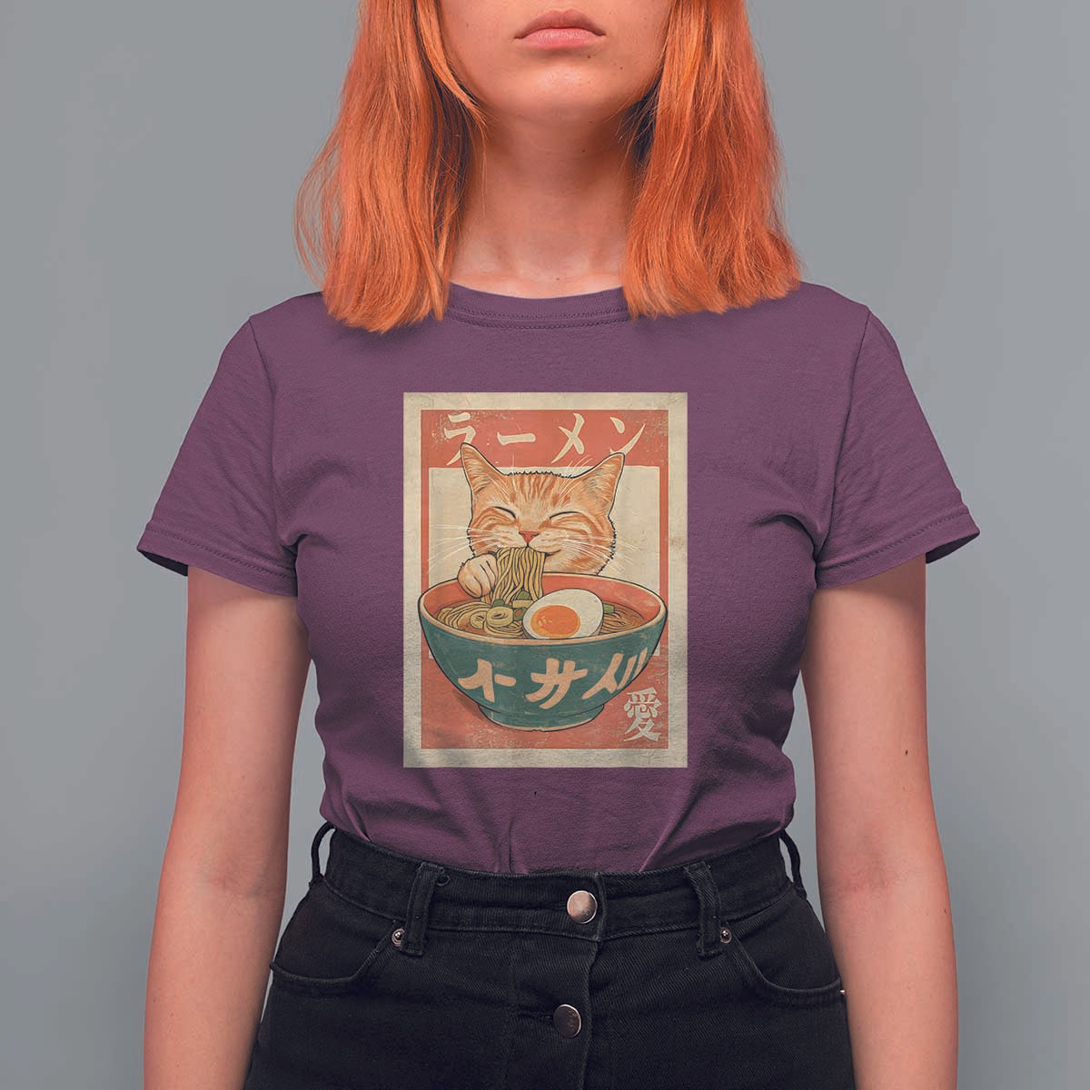Funny Orange Cat Eating Ramen T Shirt For Women Japanese Vintage Graphic Kawaii Anime - Wonder Print Shop