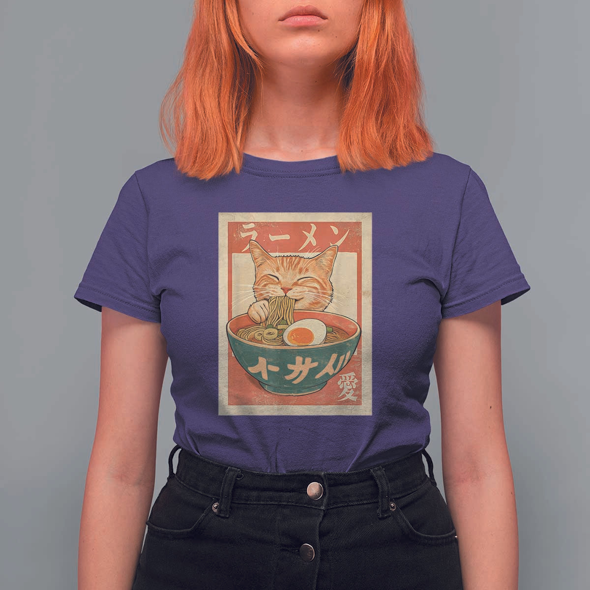 Funny Orange Cat Eating Ramen T Shirt For Women Japanese Vintage Graphic Kawaii Anime - Wonder Print Shop