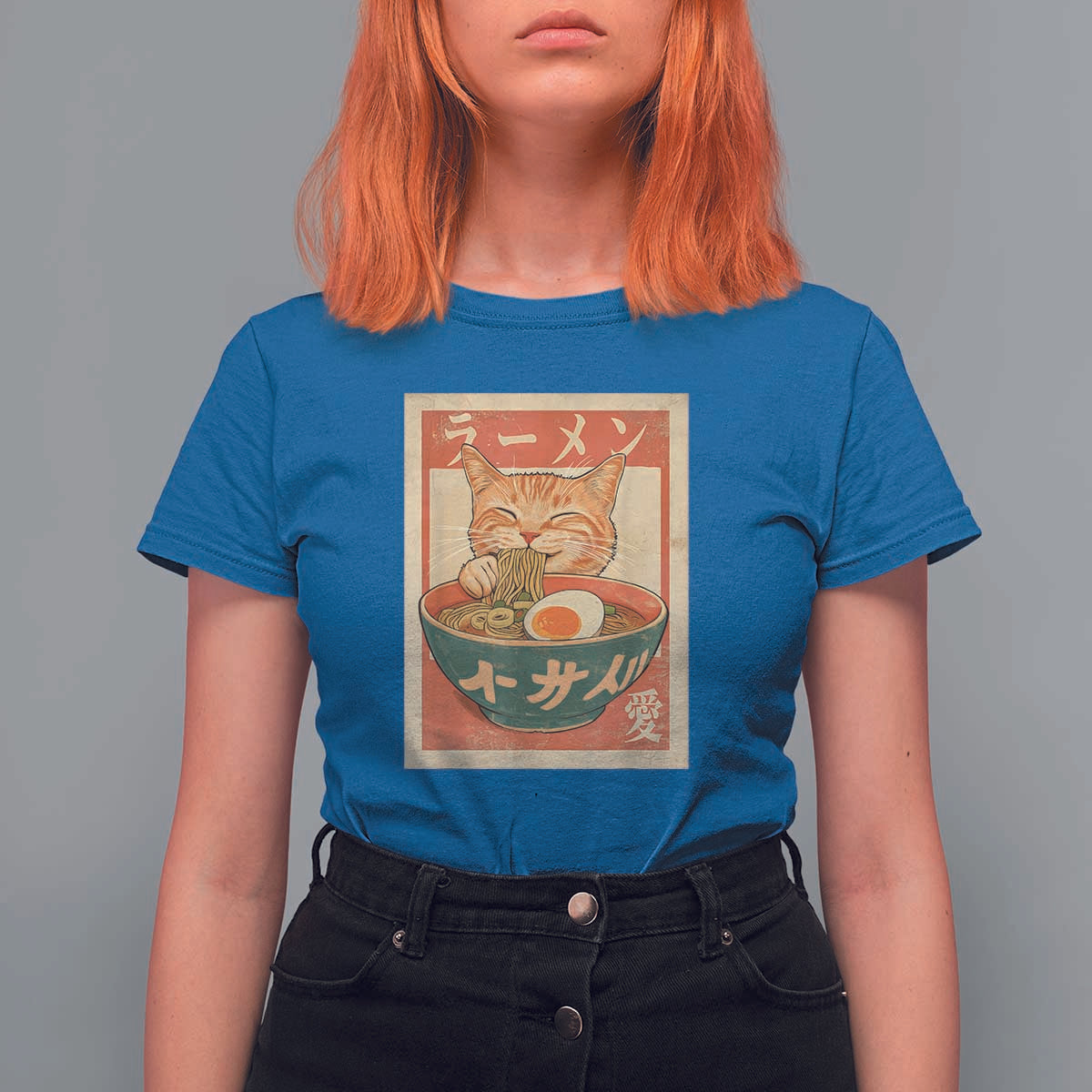 Funny Orange Cat Eating Ramen T Shirt For Women Japanese Vintage Graphic Kawaii Anime - Wonder Print Shop
