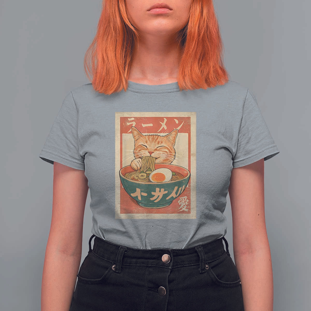 Funny Orange Cat Eating Ramen T Shirt For Women Japanese Vintage Graphic Kawaii Anime - Wonder Print Shop