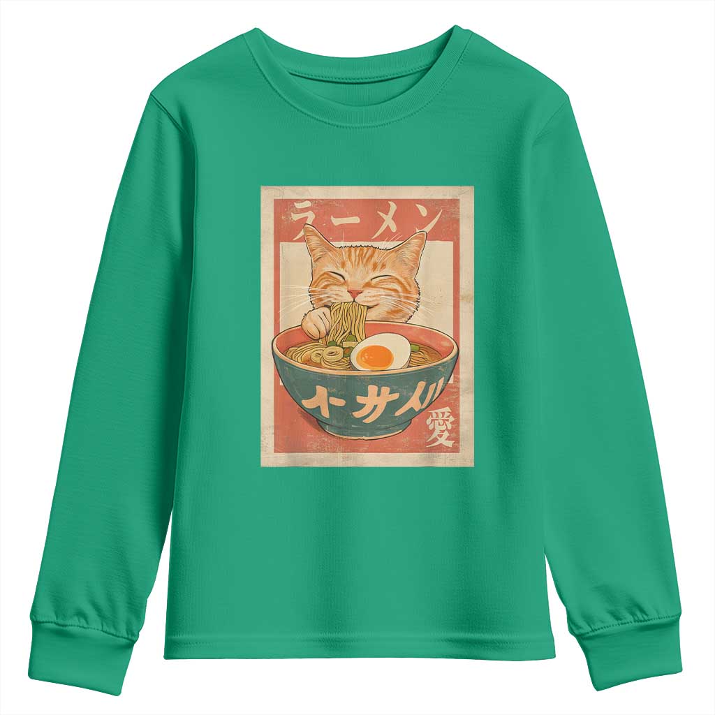 Funny Orange Cat Eating Ramen Youth Sweatshirt Japanese Vintage Graphic Kawaii Anime - Wonder Print Shop