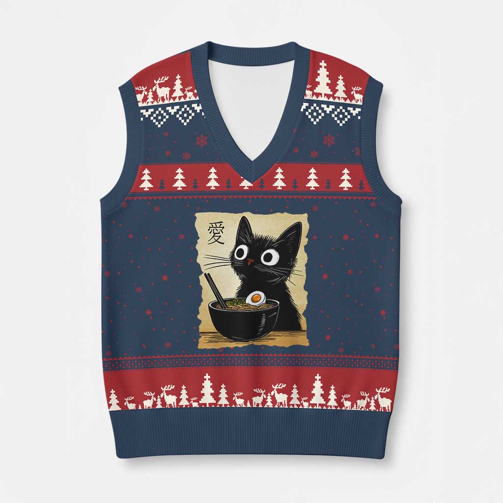 Funny Kawaii Cat Ramen V-Neck Knit Sweater Vest Japanese Noodles Lover Anime Otaku Manga Retro - Wonder Print Shop