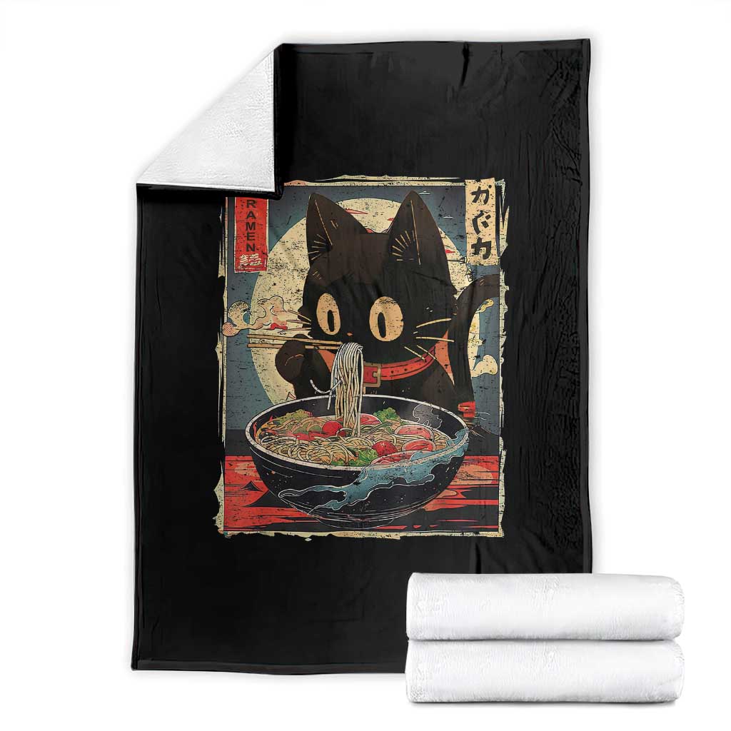 Funny Black Cat Eating Ramen Noodle Graphic Throw Blanket Japanese Kawaii Anime Gifts - Wonder Print Shop