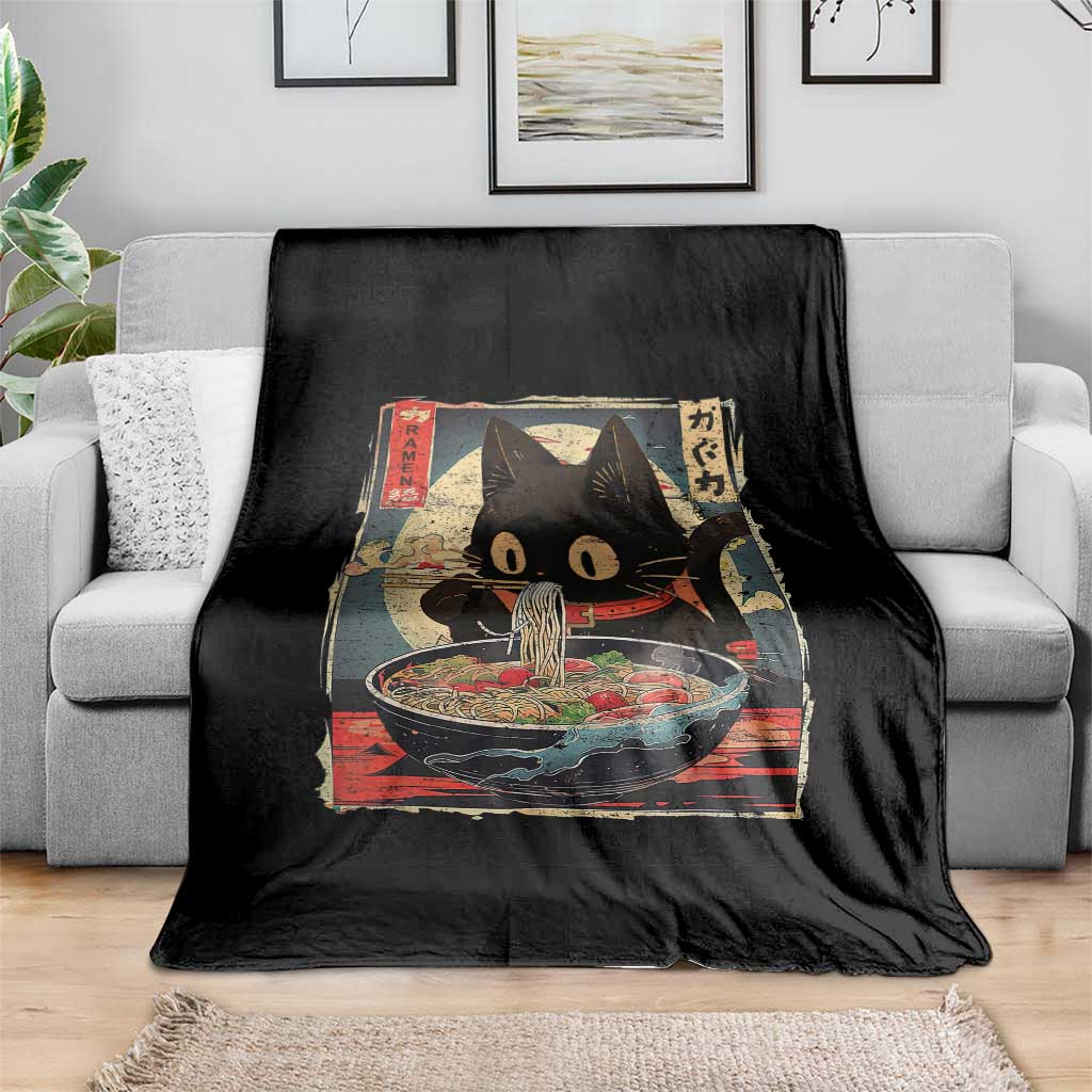 Funny Black Cat Eating Ramen Noodle Graphic Throw Blanket Japanese Kawaii Anime Gifts - Wonder Print Shop