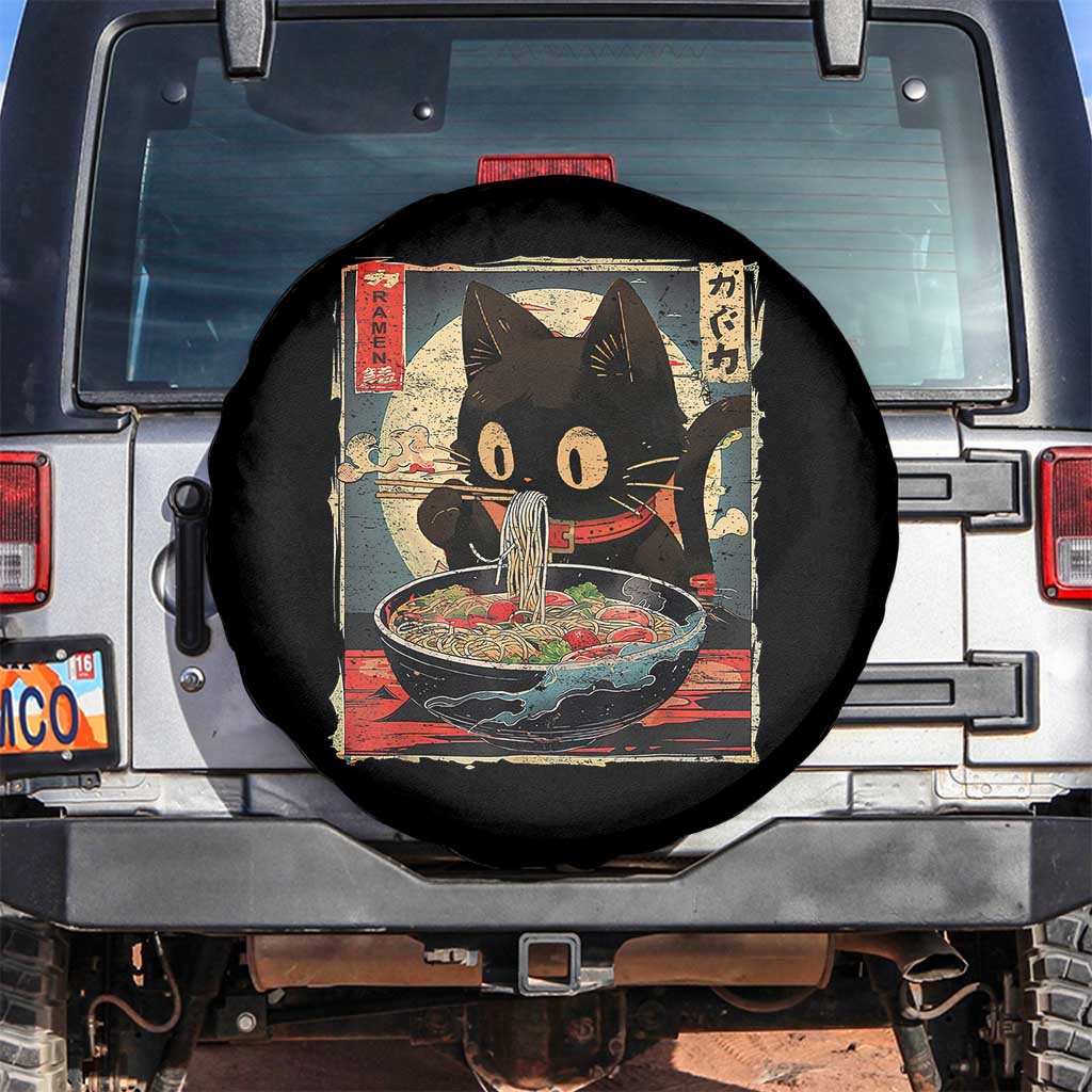Funny Black Cat Eating Ramen Noodle Graphic Spare Tire Cover Japanese Kawaii Anime Gifts - Wonder Print Shop