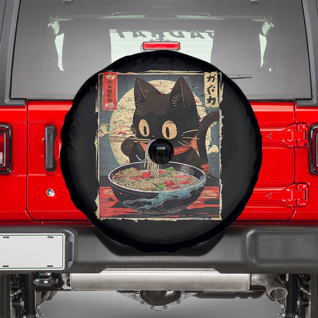 Funny Black Cat Eating Ramen Noodle Graphic Spare Tire Cover Japanese Kawaii Anime Gifts - Wonder Print Shop