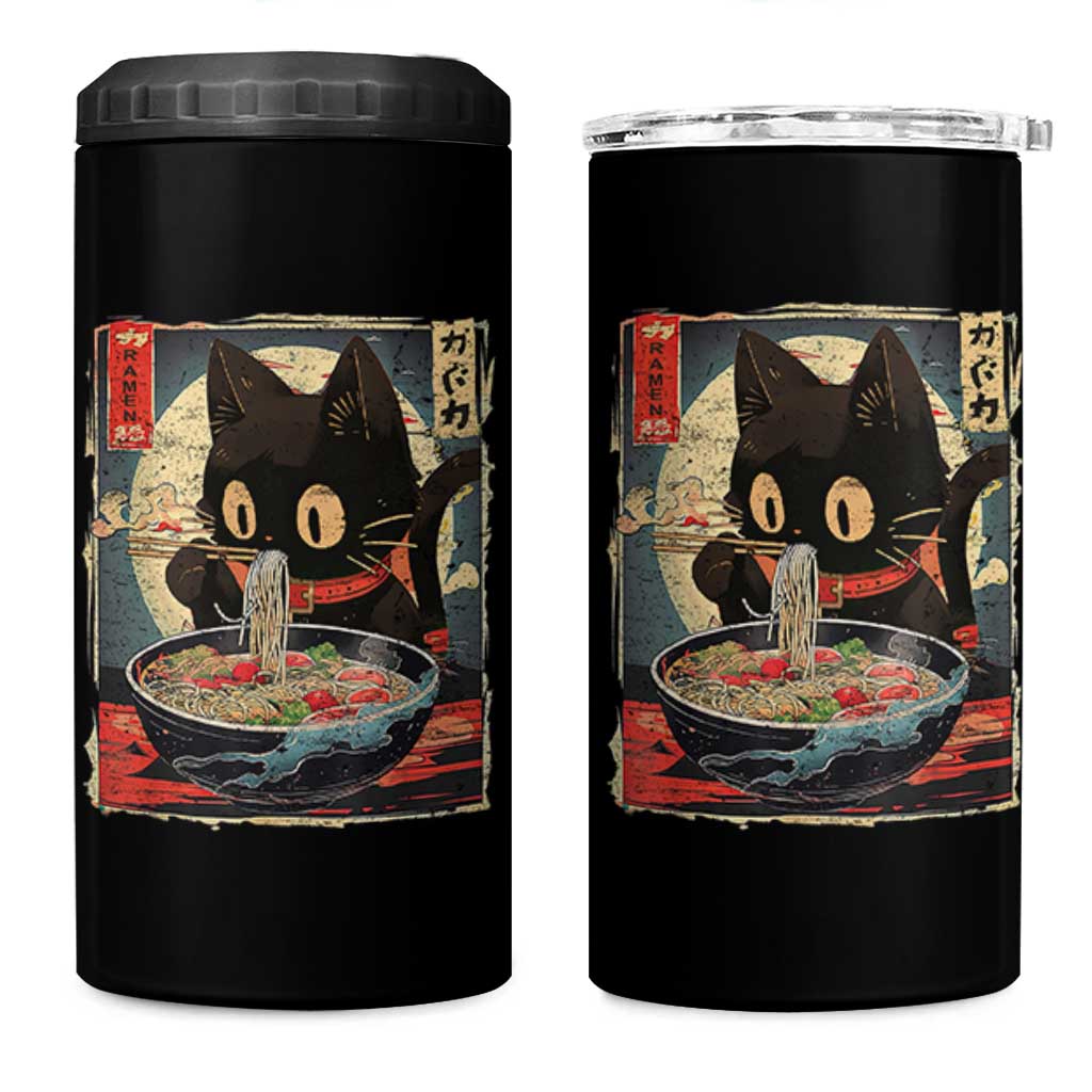 Funny Black Cat Eating Ramen Noodle Graphic 4 in 1 Can Cooler Tumbler Japanese Kawaii Anime Gifts - Wonder Print Shop