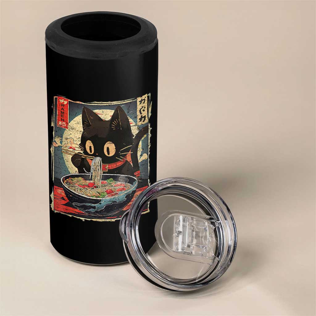 Funny Black Cat Eating Ramen Noodle Graphic 4 in 1 Can Cooler Tumbler Japanese Kawaii Anime Gifts - Wonder Print Shop