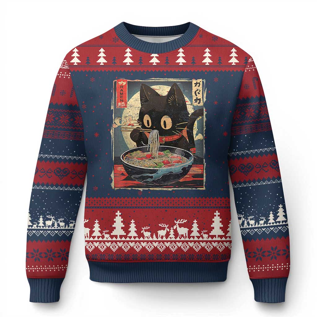 Funny Black Cat Eating Ramen Noodle Graphic Ugly Christmas Sweater Japanese Kawaii Anime Gifts - Wonder Print Shop