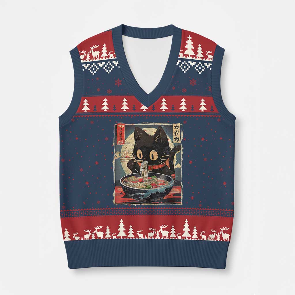 Funny Black Cat Eating Ramen Noodle Graphic V-Neck Knit Sweater Vest Japanese Kawaii Anime Gifts - Wonder Print Shop