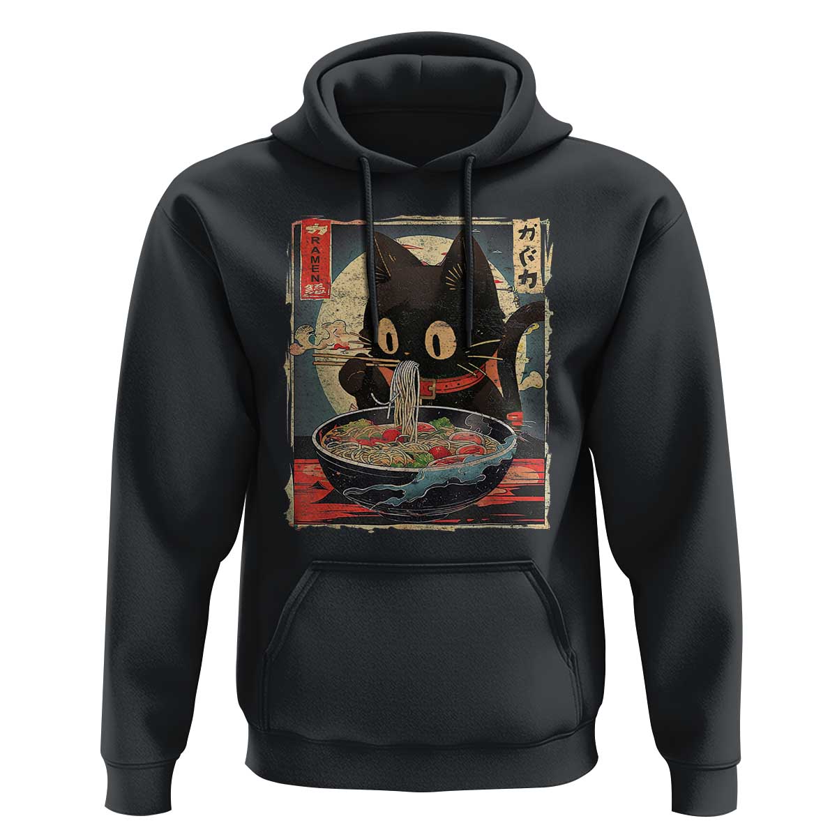 Funny Black Cat Eating Ramen Noodle Graphic Hoodie Japanese Kawaii Anime Gifts - Wonder Print Shop