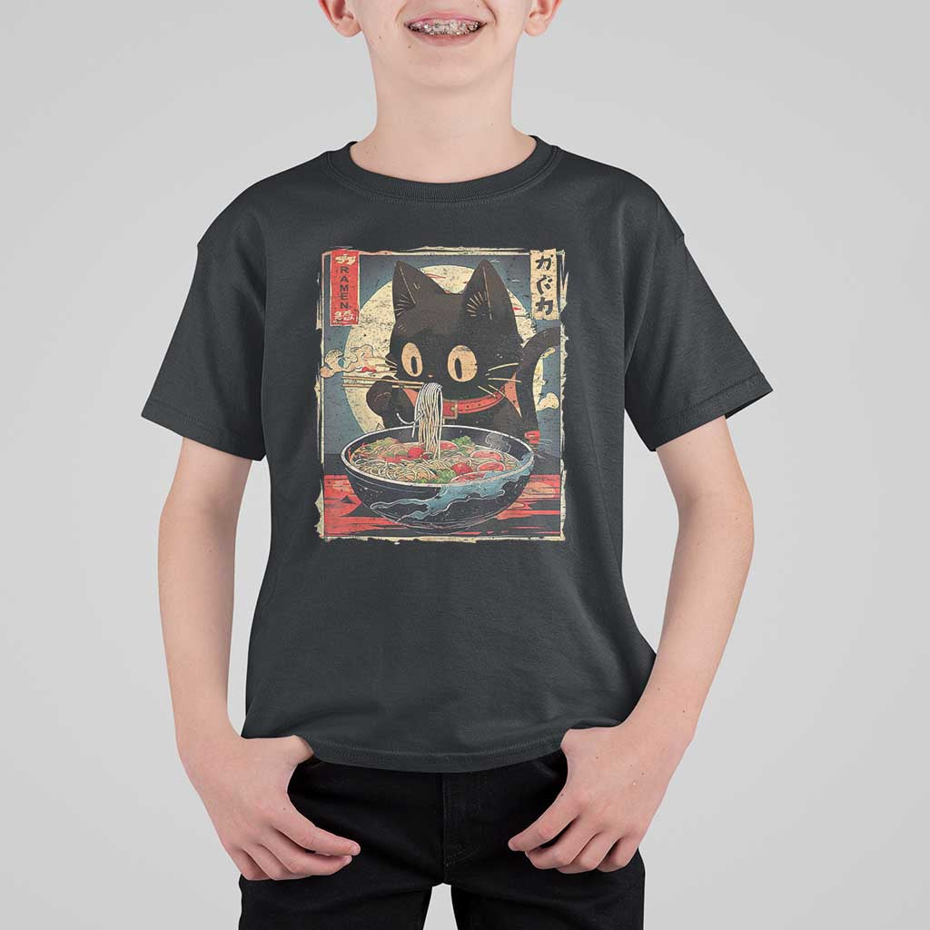 Funny Black Cat Eating Ramen Noodle Graphic T Shirt For Kid Japanese Kawaii Anime Gifts - Wonder Print Shop