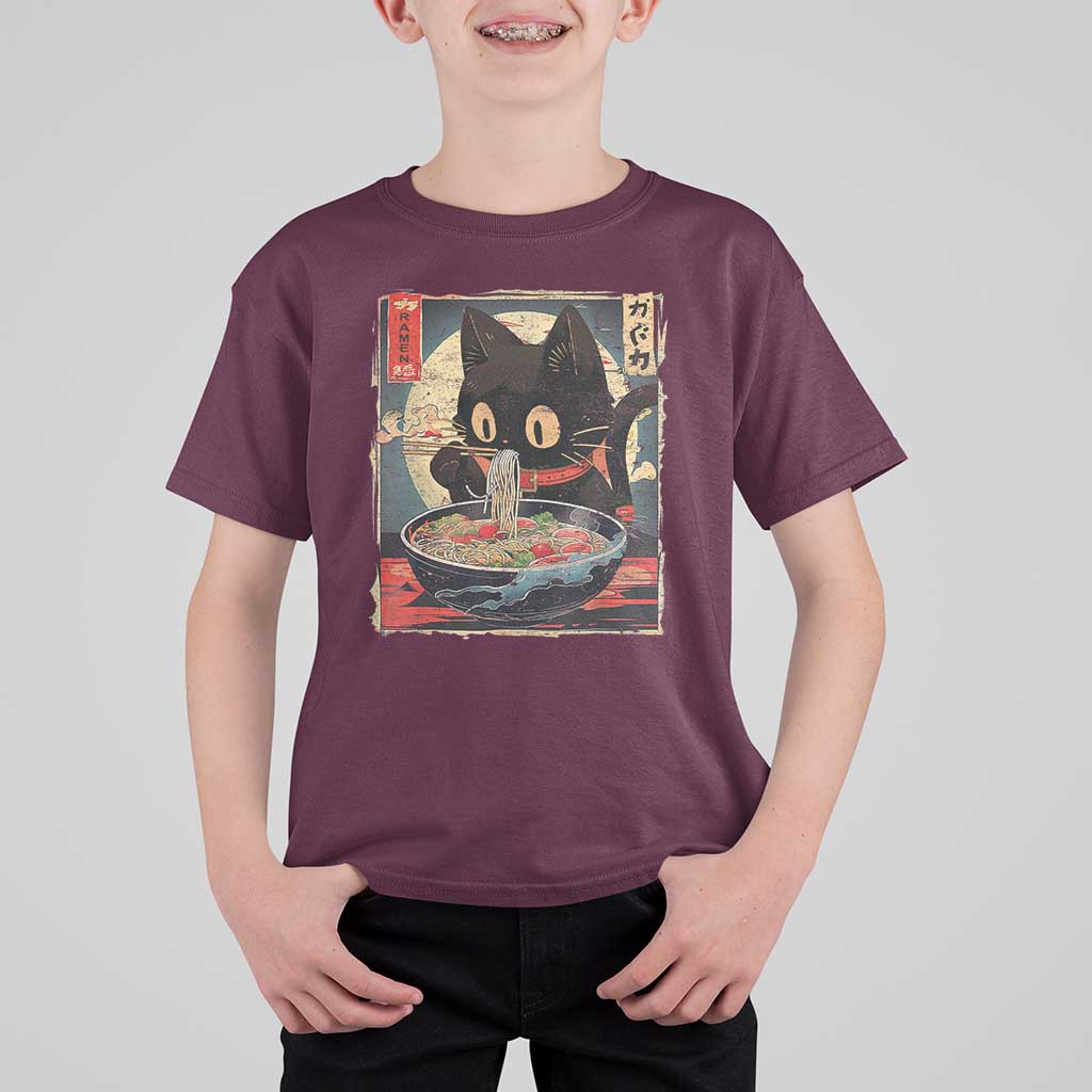 Funny Black Cat Eating Ramen Noodle Graphic T Shirt For Kid Japanese Kawaii Anime Gifts - Wonder Print Shop