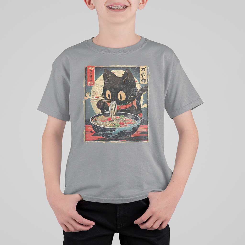Funny Black Cat Eating Ramen Noodle Graphic T Shirt For Kid Japanese Kawaii Anime Gifts - Wonder Print Shop