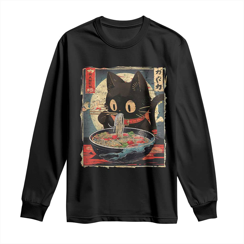 Funny Black Cat Eating Ramen Noodle Graphic Long Sleeve Shirt Japanese Kawaii Anime Gifts - Wonder Print Shop