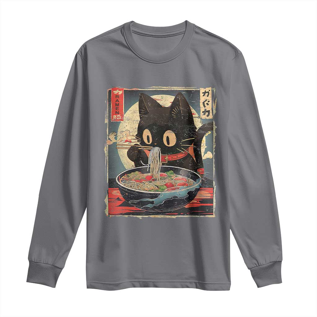 Funny Black Cat Eating Ramen Noodle Graphic Long Sleeve Shirt Japanese Kawaii Anime Gifts - Wonder Print Shop