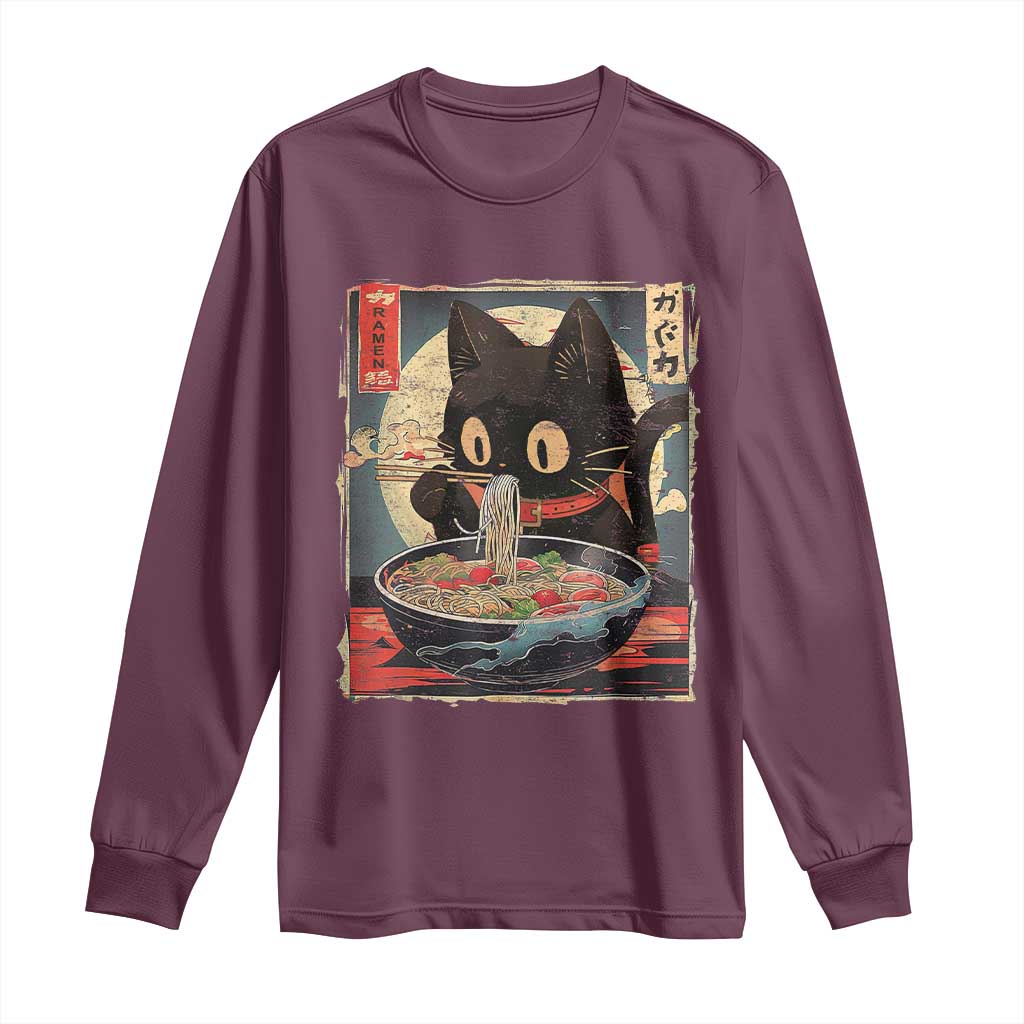 Funny Black Cat Eating Ramen Noodle Graphic Long Sleeve Shirt Japanese Kawaii Anime Gifts - Wonder Print Shop