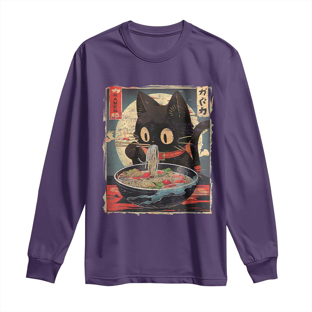 Funny Black Cat Eating Ramen Noodle Graphic Long Sleeve Shirt Japanese Kawaii Anime Gifts - Wonder Print Shop