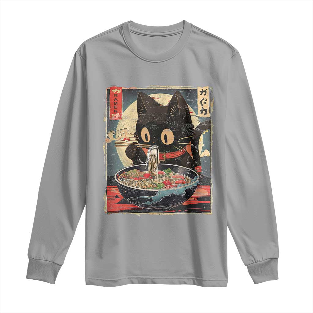 Funny Black Cat Eating Ramen Noodle Graphic Long Sleeve Shirt Japanese Kawaii Anime Gifts - Wonder Print Shop