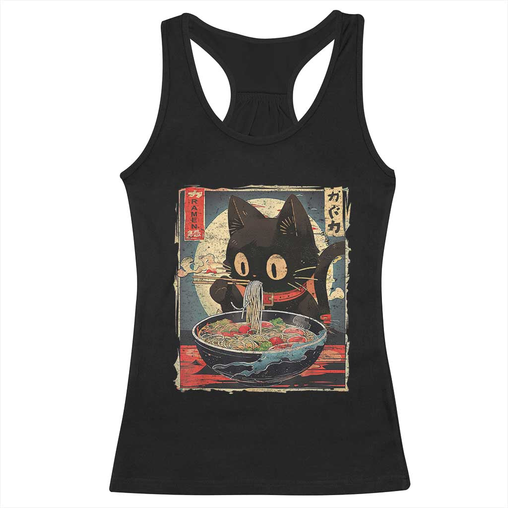 Funny Black Cat Eating Ramen Noodle Graphic Racerback Tank Top Japanese Kawaii Anime Gifts - Wonder Print Shop