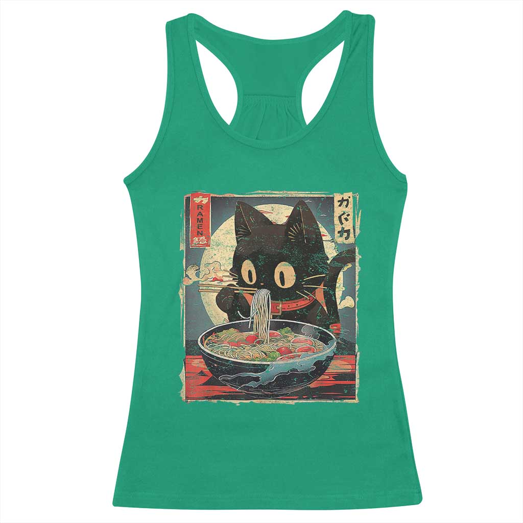 Funny Black Cat Eating Ramen Noodle Graphic Racerback Tank Top Japanese Kawaii Anime Gifts - Wonder Print Shop