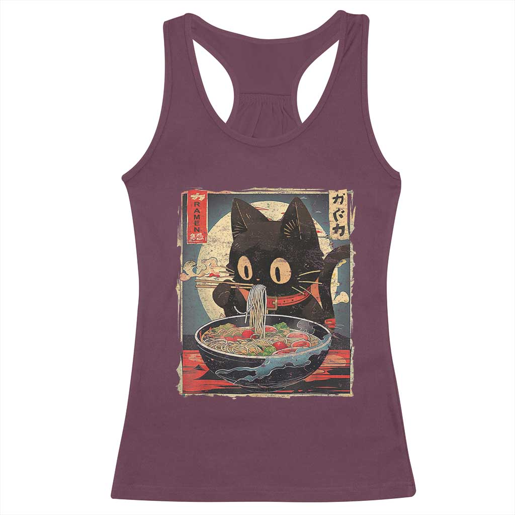 Funny Black Cat Eating Ramen Noodle Graphic Racerback Tank Top Japanese Kawaii Anime Gifts - Wonder Print Shop