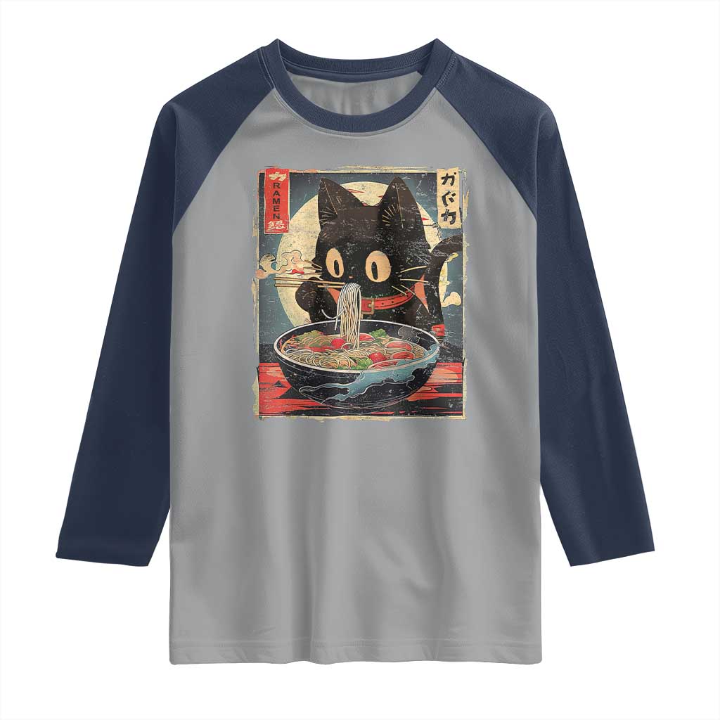 Funny Black Cat Eating Ramen Noodle Graphic Raglan Shirt Japanese Kawaii Anime Gifts - Wonder Print Shop