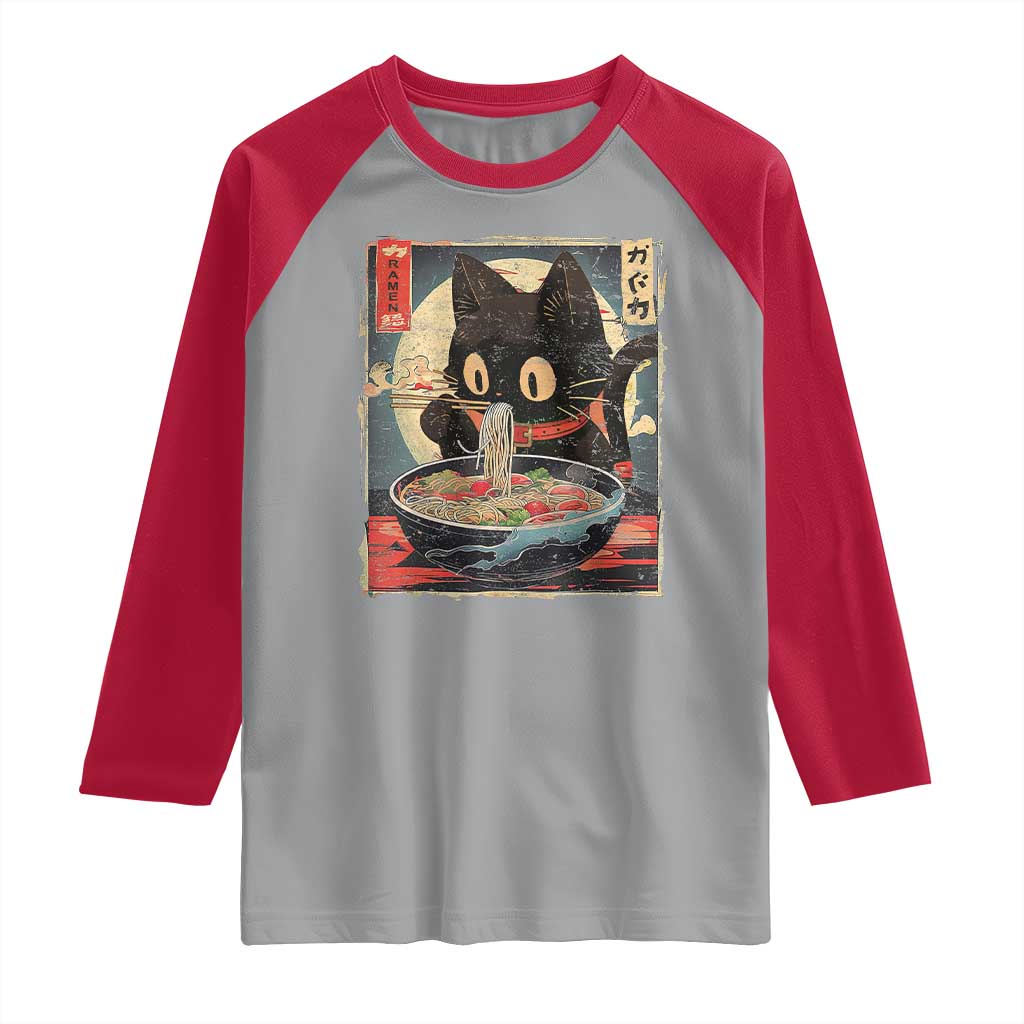 Funny Black Cat Eating Ramen Noodle Graphic Raglan Shirt Japanese Kawaii Anime Gifts - Wonder Print Shop