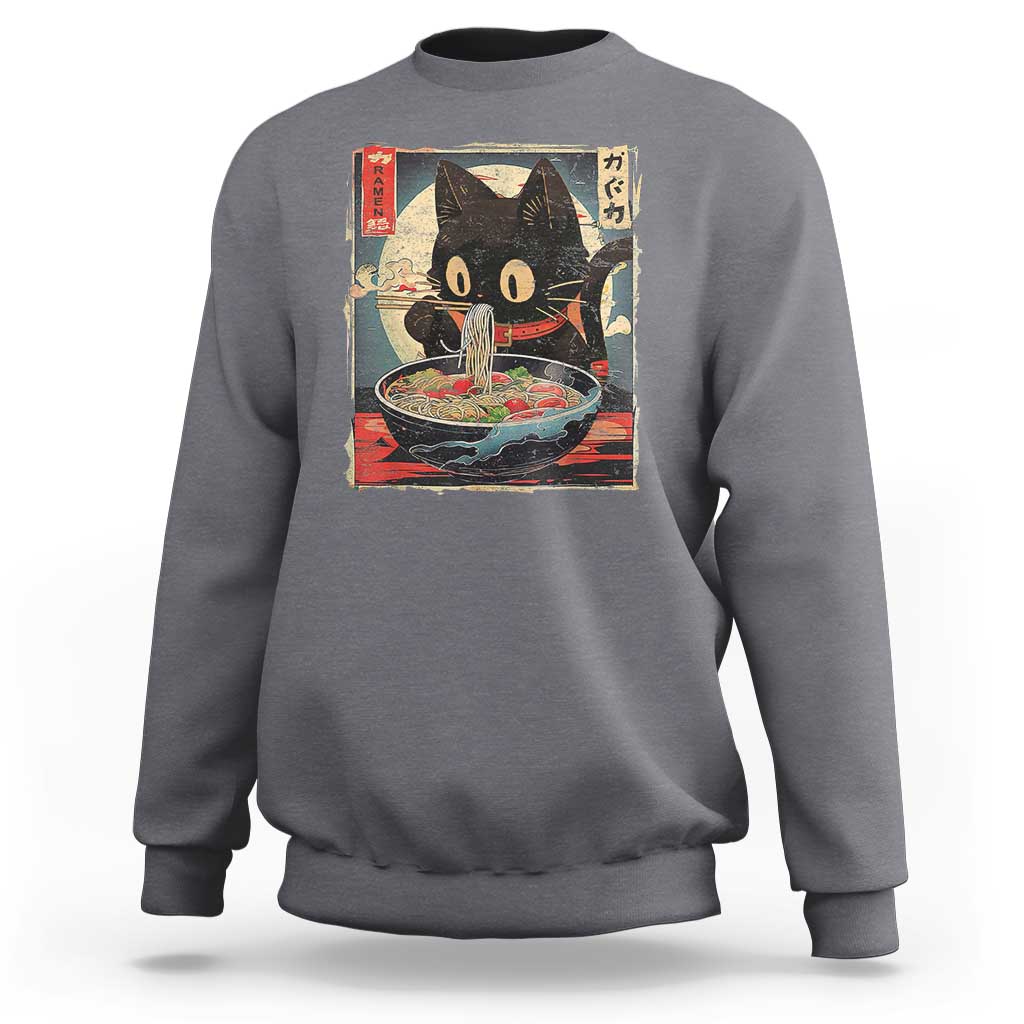 Funny Black Cat Eating Ramen Noodle Graphic Sweatshirt Japanese Kawaii Anime Gifts - Wonder Print Shop