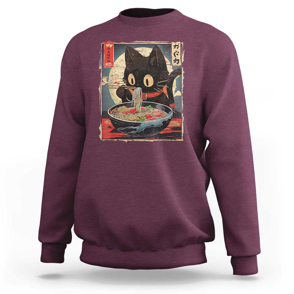 Funny Black Cat Eating Ramen Noodle Graphic Sweatshirt Japanese Kawaii Anime Gifts - Wonder Print Shop