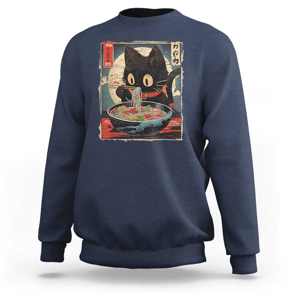 Funny Black Cat Eating Ramen Noodle Graphic Sweatshirt Japanese Kawaii Anime Gifts - Wonder Print Shop