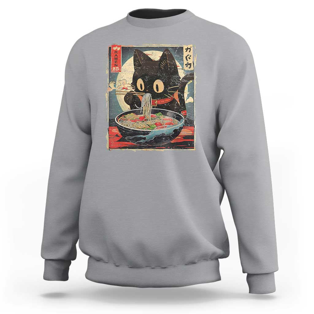Funny Black Cat Eating Ramen Noodle Graphic Sweatshirt Japanese Kawaii Anime Gifts - Wonder Print Shop