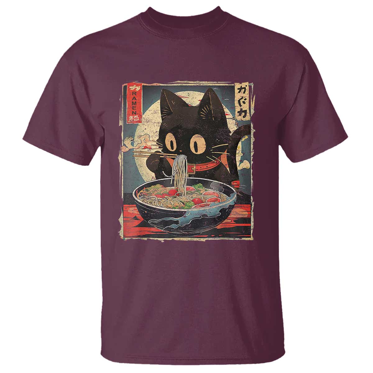 Funny Black Cat Eating Ramen Noodle Graphic T Shirt Japanese Kawaii Anime Gifts - Wonder Print Shop