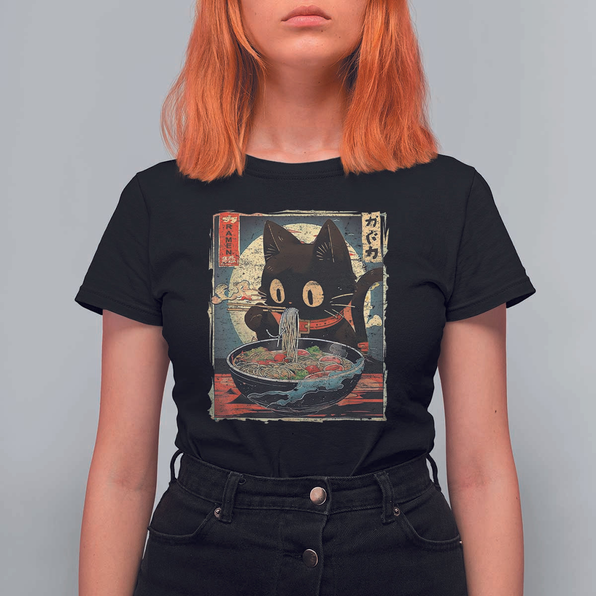 Funny Black Cat Eating Ramen Noodle Graphic T Shirt For Women Japanese Kawaii Anime Gifts - Wonder Print Shop