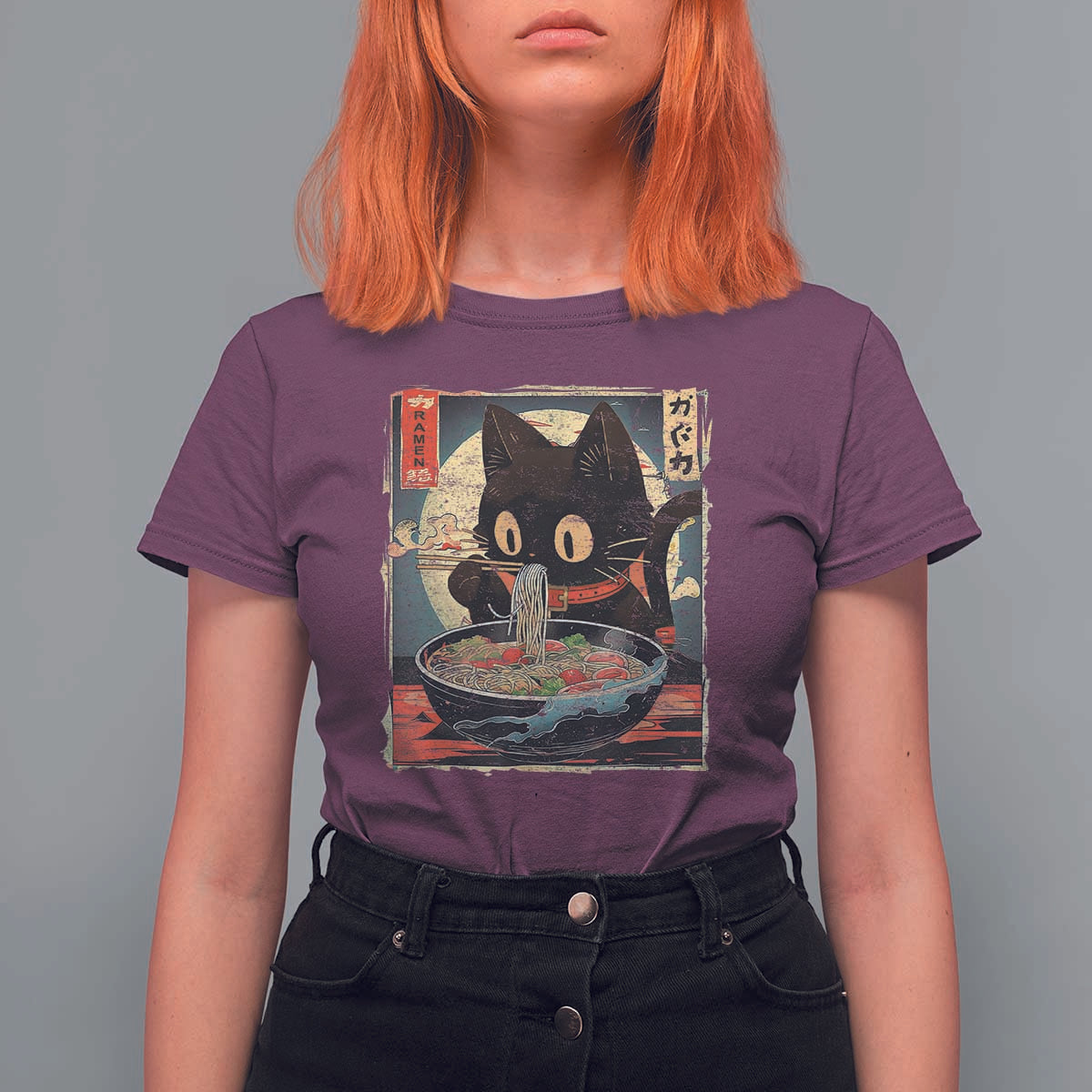 Funny Black Cat Eating Ramen Noodle Graphic T Shirt For Women Japanese Kawaii Anime Gifts - Wonder Print Shop