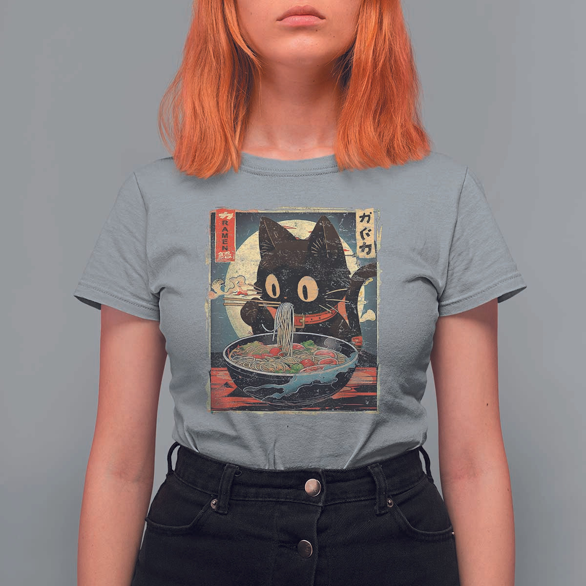 Funny Black Cat Eating Ramen Noodle Graphic T Shirt For Women Japanese Kawaii Anime Gifts - Wonder Print Shop