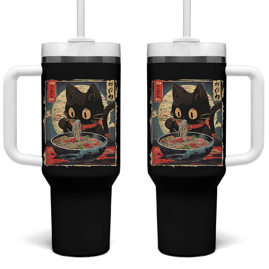 Funny Black Cat Eating Ramen Noodle Graphic Tumbler With Handle Japanese Kawaii Anime Gifts - Wonder Print Shop
