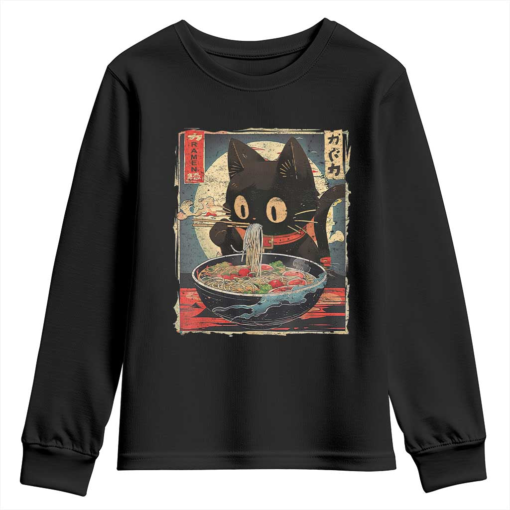 Funny Black Cat Eating Ramen Noodle Graphic Youth Sweatshirt Japanese Kawaii Anime Gifts - Wonder Print Shop