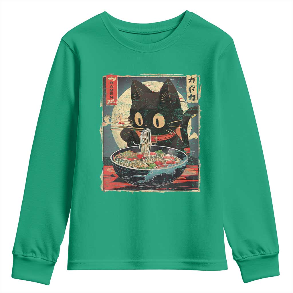 Funny Black Cat Eating Ramen Noodle Graphic Youth Sweatshirt Japanese Kawaii Anime Gifts - Wonder Print Shop