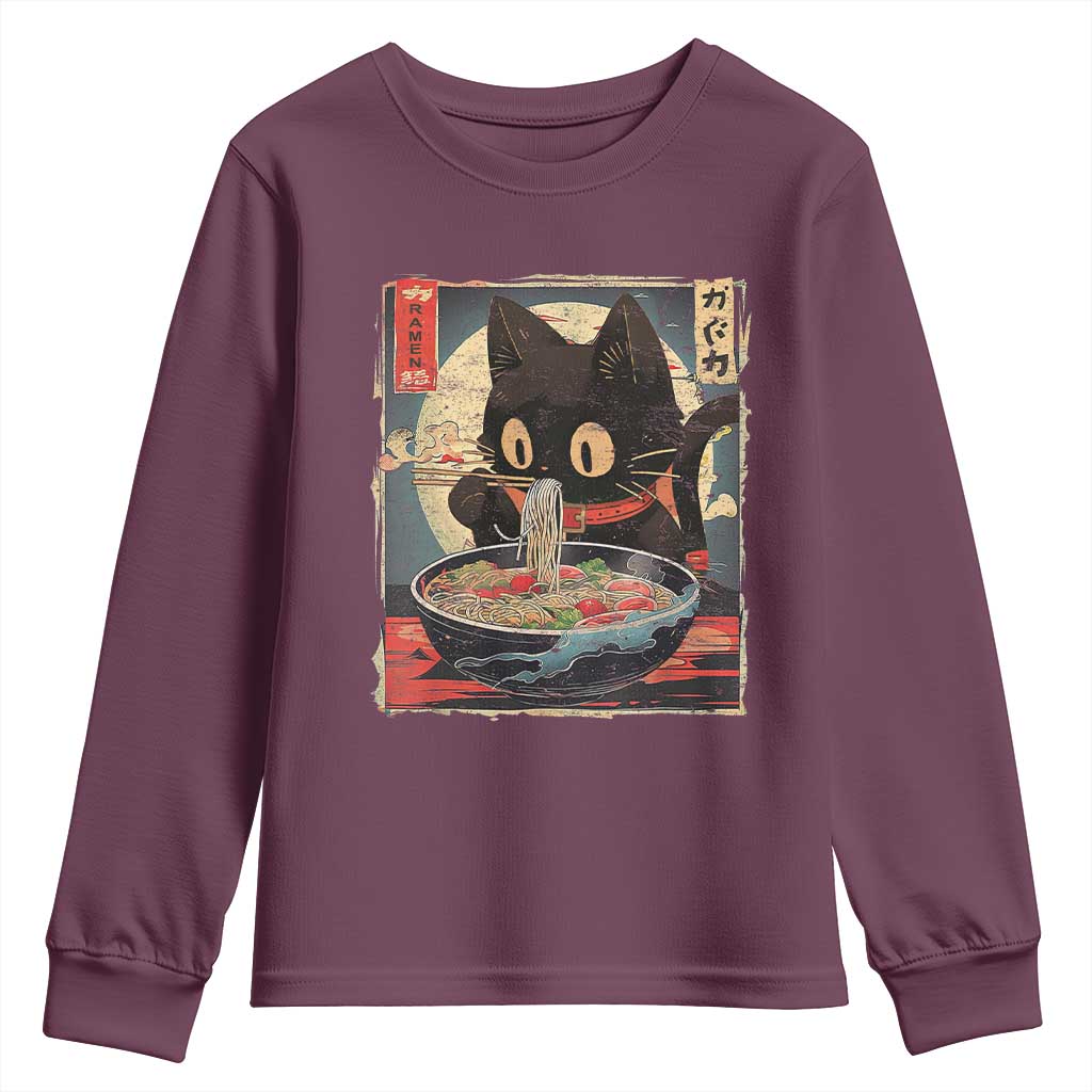 Funny Black Cat Eating Ramen Noodle Graphic Youth Sweatshirt Japanese Kawaii Anime Gifts - Wonder Print Shop